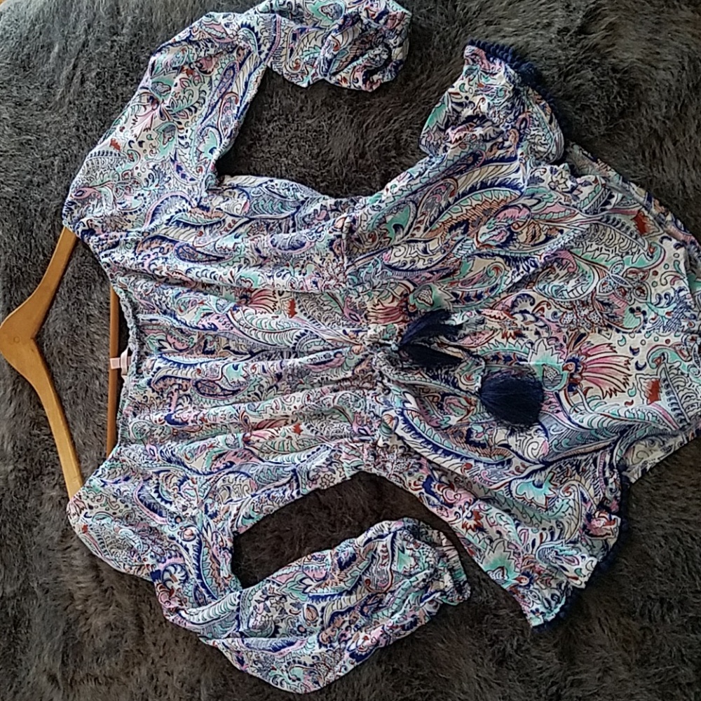 Paisly beach romper with pom pom fringe